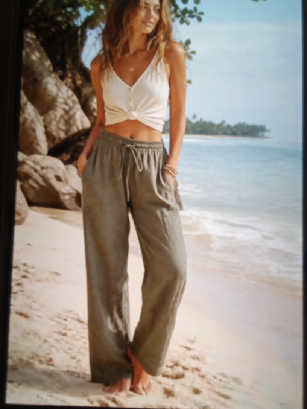 P.A.R.O.S.H Italian Linen Casual Chick Olive Green Resortwear Coastal Pants XL